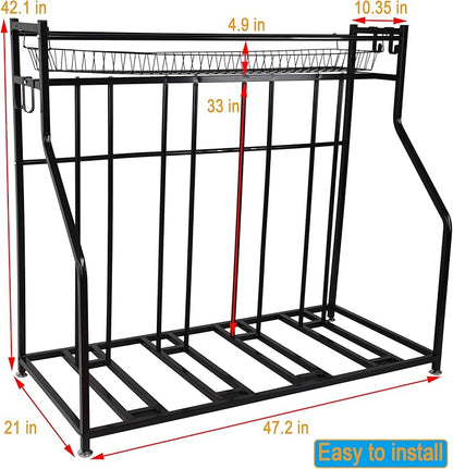 4 Bike Rack Garage,4 Bike Stand for Garage,4 Bike Storage Rack,With storage basket adjustable hooks black metal bike stand floor for most 3"- 4" tyres bikes (4 Grids)