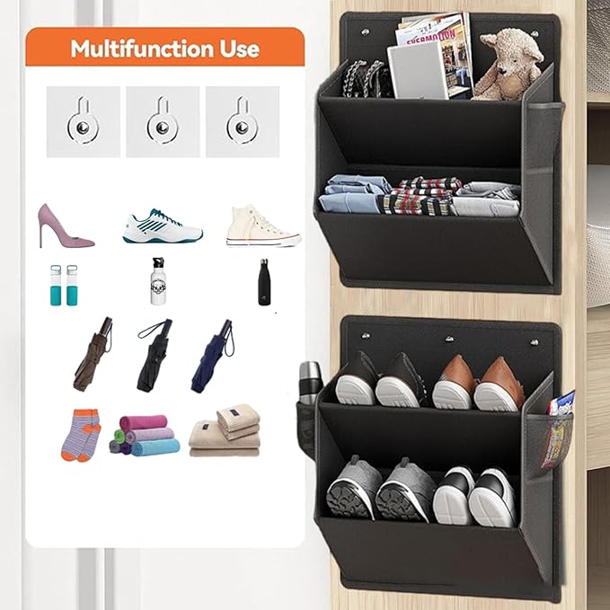 2 Pcs Rv Shoe Storage, Hanging Shoe Organizer with Sticky Adhesive Tape, Save Space Wall Mounted Shoes Rack with Large Deep Pockets for Camper, RV Accessories Organization (Black)