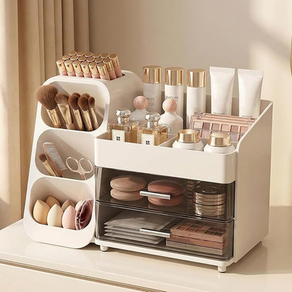 Makeup Organizer with Drawers & Brush Holder for Vanity - Organize Cosmetics Bathroom Countertop Storage Skin care Essentials Dresser, Bathroom, Office Countertop (White)