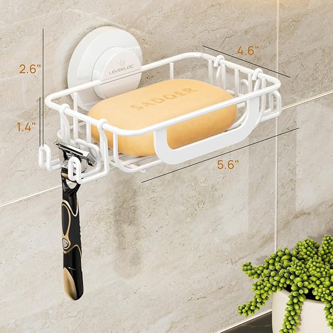 LEVERLOC Soap Holder Dish with Hooks for Shower, Bar Suction Cup Soap Tray Wall Mounted, Rustproof Stainless Steel Sponge Holder Caddy for Bathroom Bathtub Kitchen Sink, White