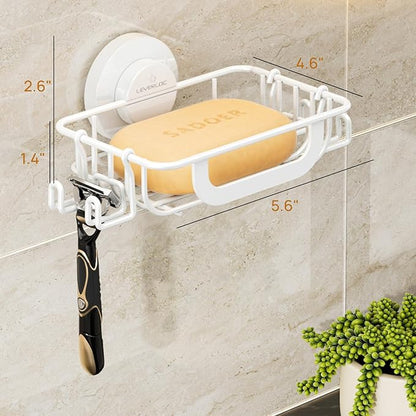 LEVERLOC Soap Holder Dish with Hooks for Shower, Bar Suction Cup Soap Tray Wall Mounted, Rustproof Stainless Steel Sponge Holder Caddy for Bathroom Bathtub Kitchen Sink, White