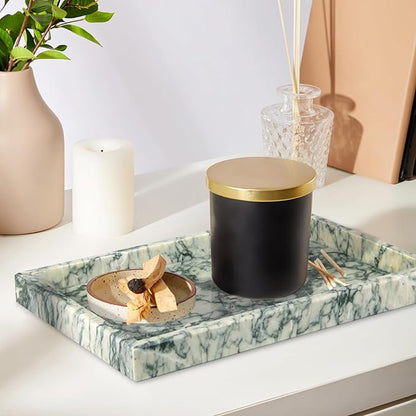 Marble Bathroom Vanity Tray, Natural Luxury Vanity Home Kitchen Bathroom Table Tray, Stone Decorative Countertop Dresser Trays for Key Coffee Perfume Jewelry Makeup (Green Texture, 12"x 8" x1.2")