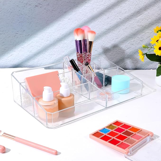 Acrylic Cosmetic Organizer, Transparent Plastic Makeup Holder, Compartmented, Shatter-Proof, Perfect Bathroom Vanity Storage Solution for Beauty Supply, Large