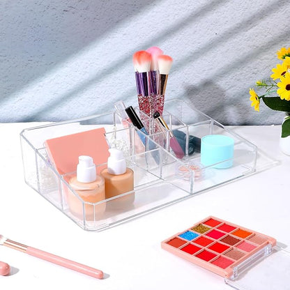 Acrylic Cosmetic Organizer, Transparent Plastic Makeup Holder, Compartmented, Shatter-Proof, Perfect Bathroom Vanity Storage Solution for Beauty Supply, Large