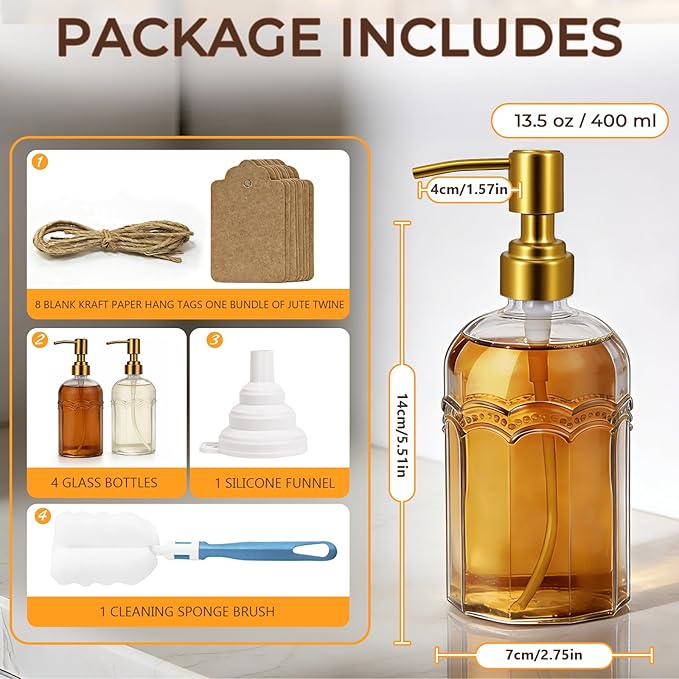 Coffee Syrup Dispenser Set of 4, 13.5 oz (400ml) Glass Bottles with Antique Bronze Stainless Steel Pump, Coffee Bar Syrup Pump Dispensers with Funnel, Cleaning Tools & Tags