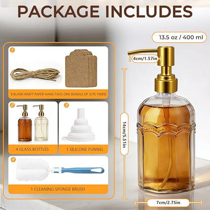 Coffee Syrup Dispenser Set of 4, 13.5 oz (400ml) Glass Bottles with Antique Bronze Stainless Steel Pump, Coffee Bar Syrup Pump Dispensers with Funnel, Cleaning Tools & Tags