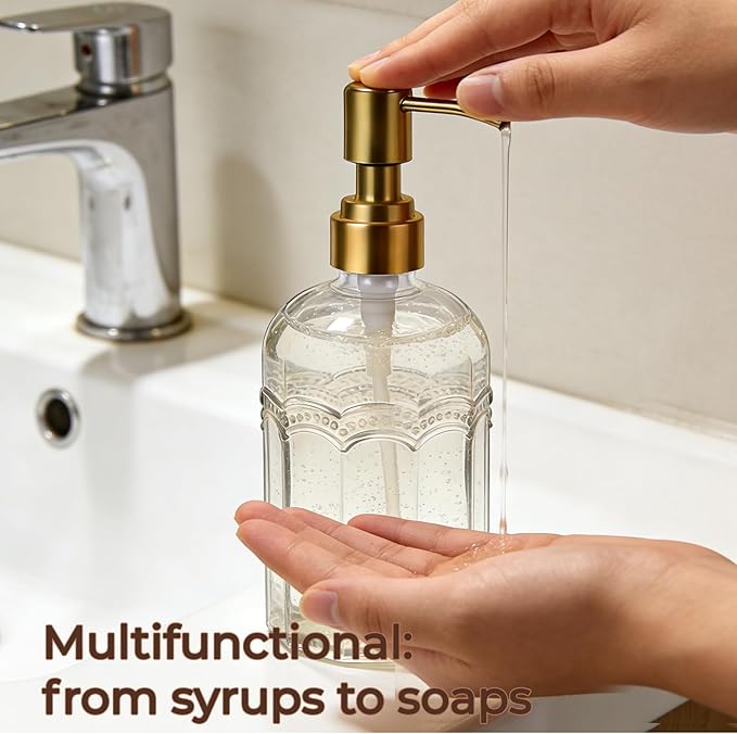 Coffee Syrup Dispenser Set of 4, 13.5 oz (400ml) Glass Bottles with Antique Bronze Stainless Steel Pump, Coffee Bar Syrup Pump Dispensers with Funnel, Cleaning Tools & Tags