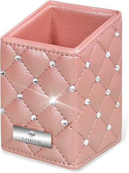 LORYP Crystal Makeup Brush Holder Rhinestone and PU Makeup Brush Organizer Handmade Cosmetic Brush Storage for Dresser Vanity Countertop (Rose Gold)