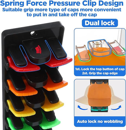 Hat Organizer for Baseball Caps 2 Packs with Built Spring Clips - Wall Mount Closet Hat Rack Holder, Holds 20 Caps, Quick Insert for Door/Closet Display Hats Racks Hanger (Strong Adhesive & Screws)
