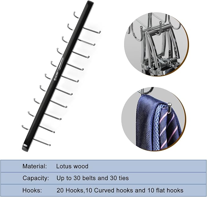 TOPIA HANGER 40 Hooks Belt Tie Hanger Space Saving for Closet, 2 IN 1 Belt Ties Racks Max 60 Belts with 60 Ties Capacity, Curved with Flat Hooks for Belts,Ties,Bras,Closet Organizers and Storage CT70B