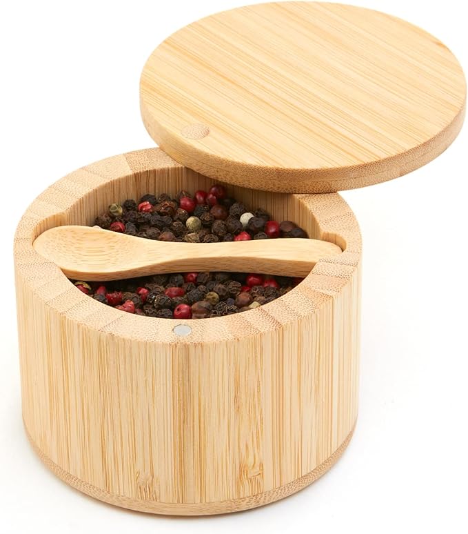 Bamboo Salt Cellar with Lid & Spoon – 6oz Magnetic Swivel Top Spice Container – Airtight Kitchen Storage for Salt, Spices – Stylish Bamboo Design with Easy Seal Magnetic Lid