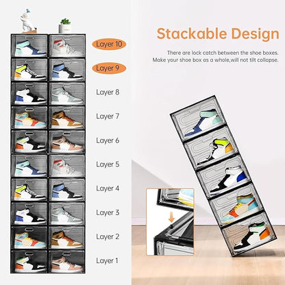 Amllas New Gray 8 Pack Shoe Boxes Stackable, Large Shoe Storage Organizer with Lids,Drop Side Shoe Containers for Entryway,Sneaker Storage Fit up to US Size 13 for Men/Women(13’’x 10.6”x 8.3”)