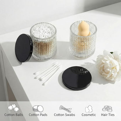 2 Pack Qtip Holder Bathroom Set - Glass Apothecary Jars with Lids, Canisters for Cotton Balls.Swabs, Floss Picks, Hair Ties - Vanity Organizer & Vintage Bathroom Storage (Clear)