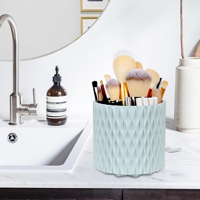 WAFJAMF Makeup Brush Holder 360 Rotating Cosmetics Holders Storage Cup for Vanity Desktop Bathroom Countertop 5 Slot Makeup Brushes Container - Classic Style - Haze Blue