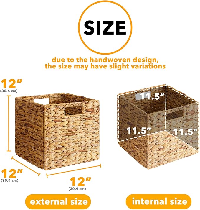 SpaceAid 6 Pack Wicker Basket, Storage Baskets for Organizing, Woven Rattan Basket with Handles for Shelves, Water Hyacinth Large Cube Organizer Storage Bin, 12x12x12 inch, Natural