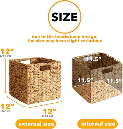 SpaceAid 6 Pack Wicker Basket, Storage Baskets for Organizing, Woven Rattan Basket with Handles for Shelves, Water Hyacinth Large Cube Organizer Storage Bin, 12x12x12 inch, Natural