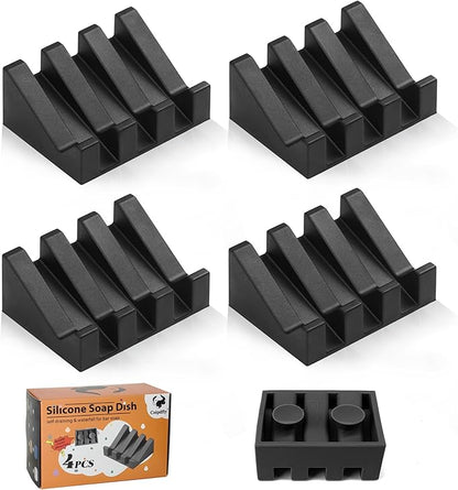 Soap Dish Holder for Shower with Suction Cup, Silicone Soap Holder & Saver Self-Draining Bar Soap Dish Keeps Soap Dry for Bathroom, Kitchen, Bathtub (N-Black - 4 Pack)
