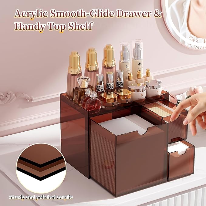 Youdepot Acrylic Face Towel Holder with Drawer – 4-Layer Disposable Face Towel Holder Organizer Box – Bathroom Countertop Storage for Cotton Pads, Swabs, and Skincare(Amber)