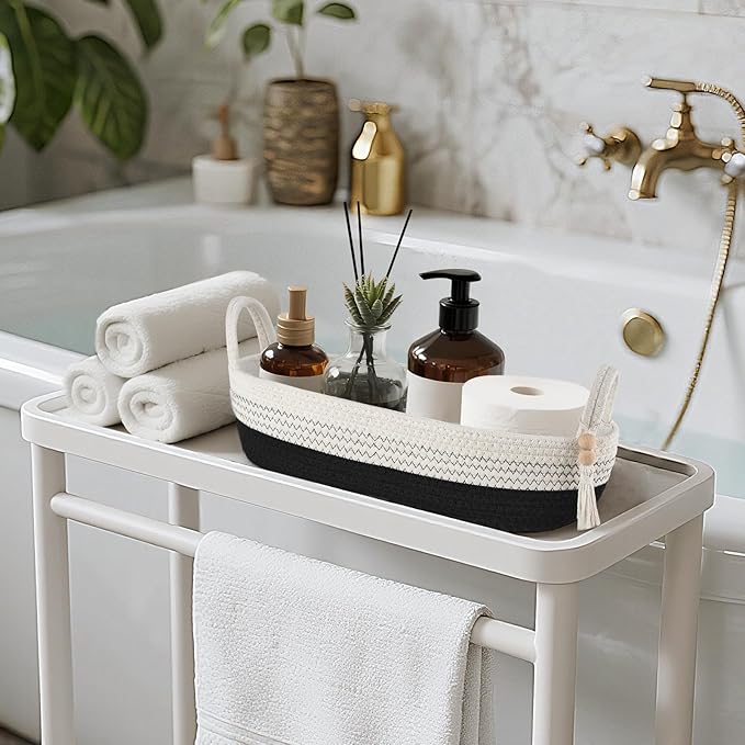 Mkono Small Storage Basket for Toilet Tank Top Boho Bathroom Decor Woven Rope Toilet Paper Tray Organizer for Shelf Bedroom Living Room, Black and White, 1 Pack, 15.7" L x 6" W