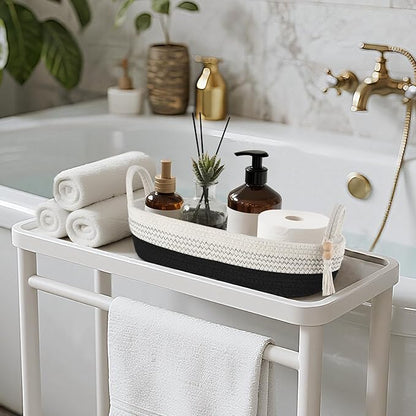 Mkono Small Storage Basket for Toilet Tank Top Boho Bathroom Decor Woven Rope Toilet Paper Tray Organizer for Shelf Bedroom Living Room, Black and White, 1 Pack, 15.7" L x 6" W