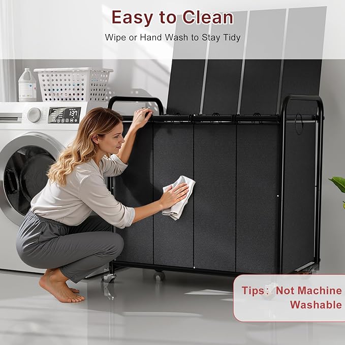 180L Laundry Sorter 4 Section – Heavy Duty Rolling Laundry Basket with Lockable Wheels and Lid, 4 Large Separate Removable Bags, Laundry Hamper Cart for Laundry Room Organizer (Black)