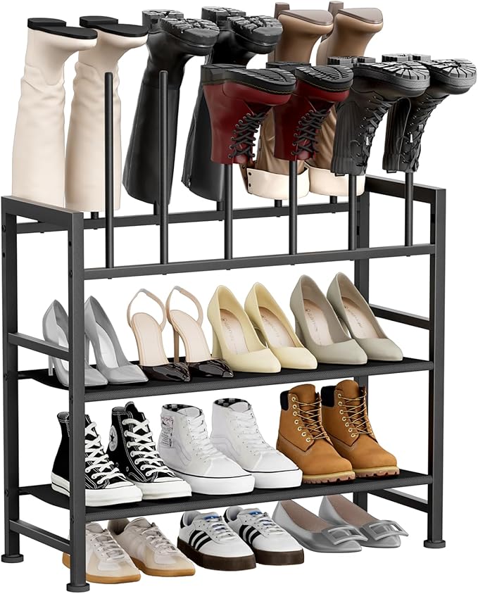 DIMJ Free Standing Shoe Racks - 4-Tier Boot Rack, Black Metal Boot Storage Organizer Tall Boots Organizer for Closet, Multiuse Shoe Rack for Boots, Sneakers,Fit for 6 Pairs Boots, Black