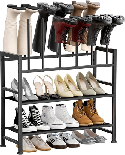 DIMJ Free Standing Shoe Racks - 4-Tier Boot Rack, Black Metal Boot Storage Organizer Tall Boots Organizer for Closet, Multiuse Shoe Rack for Boots, Sneakers,Fit for 6 Pairs Boots, Black