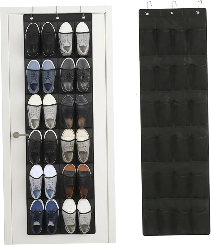 Hanging Shoe Organizer, Shoe Hanger for Door 24 Mesh Pocket Over The Door Organizer Space Saving Hanging Storage Holder with Hooks 64x19 Inch Black