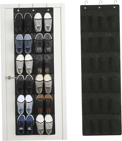 Hanging Shoe Organizer, Shoe Hanger for Door 24 Mesh Pocket Over The Door Organizer Space Saving Hanging Storage Holder with Hooks 64x19 Inch Black