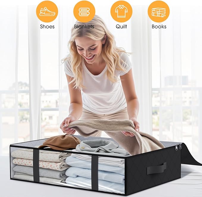 StorageRight Under Bed Storage Bags 6 Pack, 40L Large Clothes & Comforter Storage Containers with Clear Window, Breathable Fabric Organizer for Blankets, Bedding, Seasonal Clothing, Black