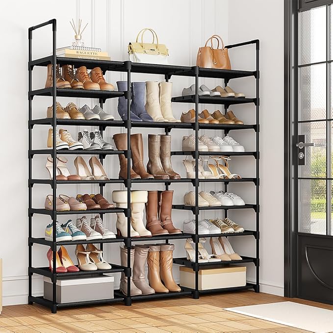 SUOERNUO Shoe Rack Storage Organizer Holds 50-55 Pairs Tall Shelf for Shoes Metal Freestanding Closet Black 9-Tier Non-Woven Dustproof