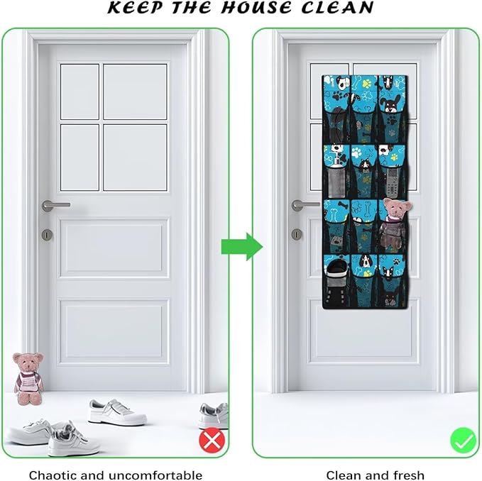 Generic Blue Dog Bed Organizer Hanging Pocket Strong Door Storage Organizer Heavy Duty Over Door Storage Organizer with Waterproof Pockets for Room Behind the Door