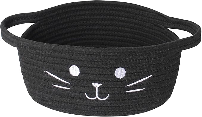 Small Cat Toy Basket, 10”x10”x4” Black Cotton Rope Storage Bin with Handles, Woven Cat Organizer Box for Indoor Pets, Cute Kitty Easter Basket Gifts Empty, Cat-Shaped Boo Halloween Bin