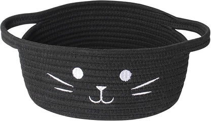 Small Cat Toy Basket, 10”x10”x4” Black Cotton Rope Storage Bin with Handles, Woven Cat Organizer Box for Indoor Pets, Cute Kitty Easter Basket Gifts Empty, Cat-Shaped Boo Halloween Bin