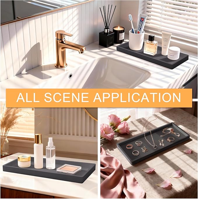 Silicone Bathroom Vanity Tray, 7.8 x 3.9 Inch Perfume Trays for Dresser, Soft Organizer Tray for Makeup, Jewelry, Rings, Non-Slip, Waterproof Small Tray for Bathroom Counter, Grey