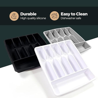 Pantrymade Silicone Silverware Drawer Organizer – Non-Slip Utensil Holder for Kitchen Drawers | Cutlery Tray for Forks, Knives, Spoons & More | Durable, BPA-Free, Easy to Clean – Black