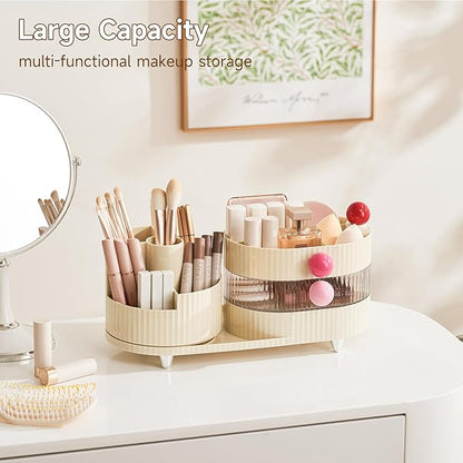 Makeup Organizer Countertop for Vanity with 360° Rotating Brush Holder, 3 Layer Cosmetic and Jewelry Storage, Makeup Display Case for Skincare&Perfume (Cream White)