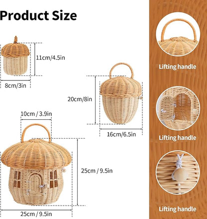 Handmade Wicker Rattan Mushroom-Shaped Storage Basket for Outdoor, Kids, Decor, Photography Props (Set of 3)