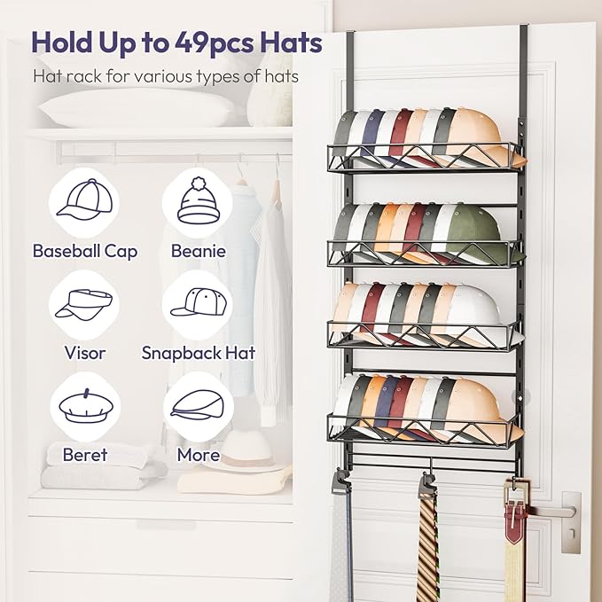 SWTYMIKI Over Door Hat Organizer - 5 Tier Wall Mounted Hat Rack with 4 Adjustable Metal Basket and 3 Hooks, Hanging Baseball Cap Organizer Storage Holds up to 49 Caps for Door, Bedroom, Closet