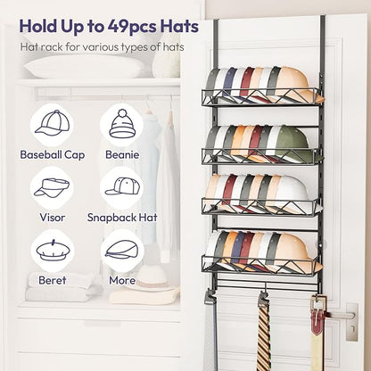 SWTYMIKI Over Door Hat Organizer - 5 Tier Wall Mounted Hat Rack with 4 Adjustable Metal Basket and 3 Hooks, Hanging Baseball Cap Organizer Storage Holds up to 49 Caps for Door, Bedroom, Closet