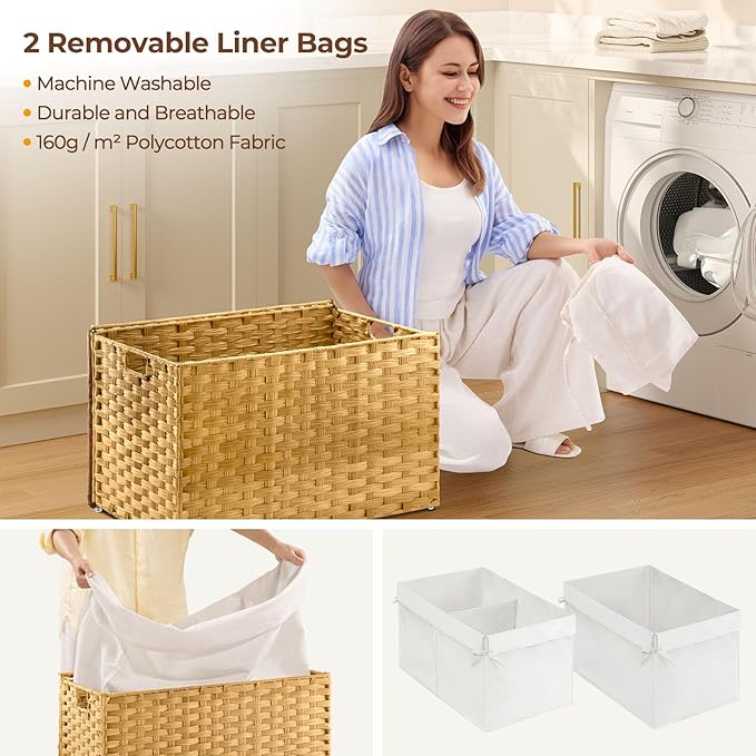 Greenstell Storage Basket with Lid, 105L Large Wicker Basket with Lid, Handwoven Blanket Storage Basket with Handles, Removable Cotton Liner, Metal Frame, Foldable for Bedroom, Laundry Room, Natural