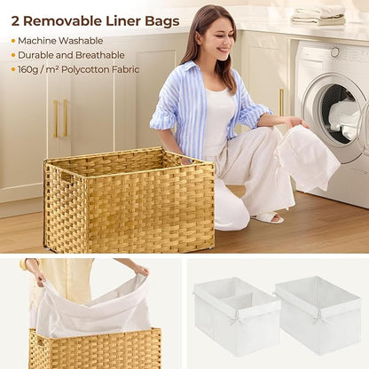 Greenstell Storage Basket with Lid, 105L Large Wicker Basket with Lid, Handwoven Blanket Storage Basket with Handles, Removable Cotton Liner, Metal Frame, Foldable for Bedroom, Laundry Room, Natural
