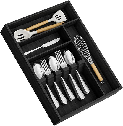 Yofidra ofidra Bamboo Silverware Organizer, 16.3″x12.24″x2.6″ Kitchen Utensil Drawer Organizer, Silverware Tray for Drawer with Fixed Slots for Spoons, Forks & Knives, Black