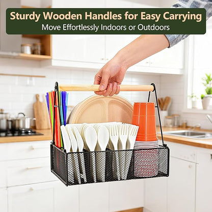 Wood Handle Silverware Caddy for Party – Paper Plate Organizer for Countertop – 7 Compartment Utensil Holder for Plates, Cups, Napkins, and Cutlery – Picnic, Camping, or Kitchen Buffet