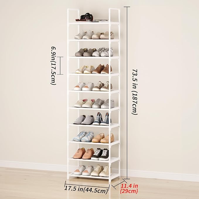 10-Tier Large Capacity Shoe Rack, Sturdy Narrow Shoe Stand for Entryway, Closet, Hallway, 20-25 Pairs Waterproof Dustproof Shoe Storage, Space Saving Tall Shoe Tower(White)