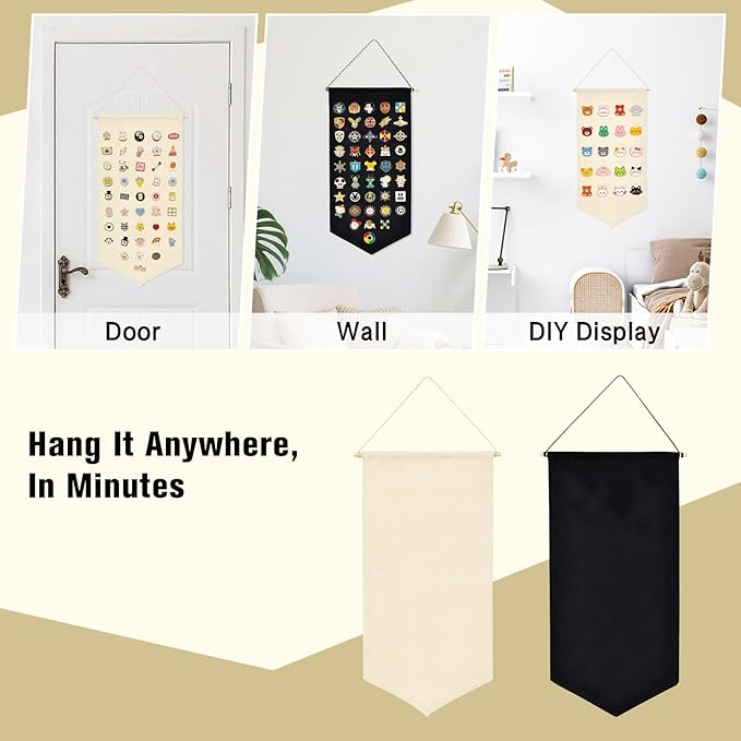 Winmany Wall Hanging Brooch Jewelry Storage Case Canvas Display Stand Enamel Pin Display Banner Holder Earrings Necklace Glitter Pin Collection Organizer (Black+White)