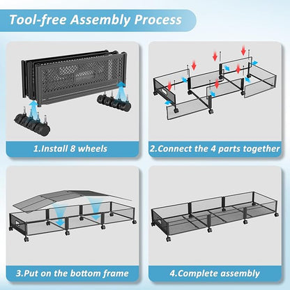 Under Bed Storage with Wheels 47.2"(L)/57.6L Large Rolling Under Bed Storage, Metal Underbed Containers on Wheels, Tool-Free Assembly Foldable Metal Underbed Drawers for Shoes Clothes Toys