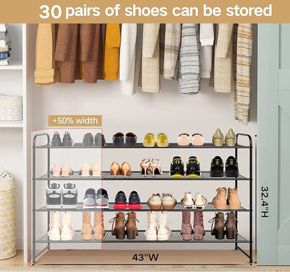 KEETDY 4-Tier Long Shoe Rack for Closet Metal Shoe Organizer for Entryway, Wide Stackable Shoe Storage Shelf with Sturdy Wire Grid for Closet Floor, Bedroom, Black