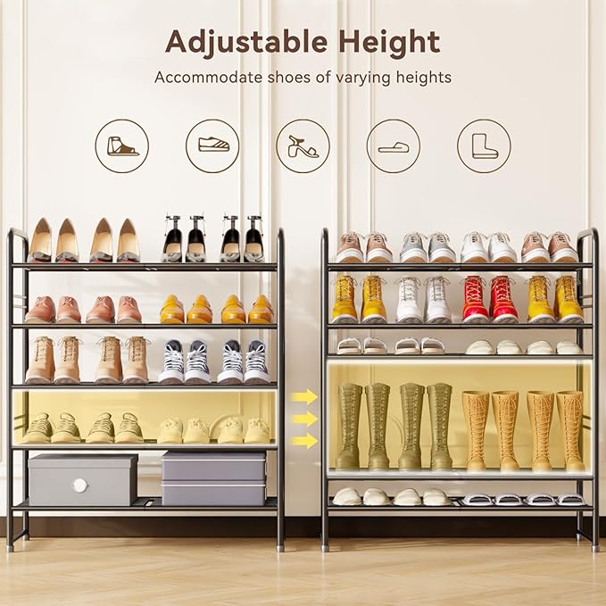 Standard Shoe Rack 5-Tier 32.5 Inches Wide, Free Standing Shoe Organizer for Indoor Outdoor | Adjustable Heavy-Duty Metal Shelf Ideal for Home Entryway Closet & Garage Balcony | Black