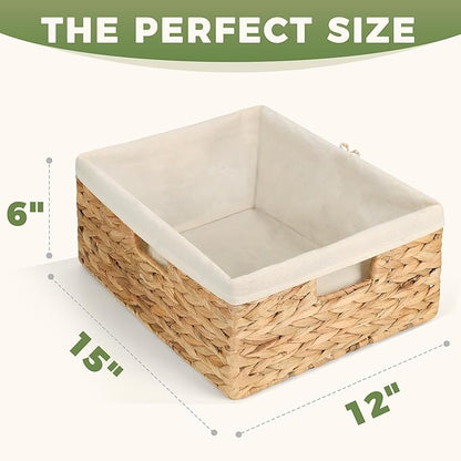 Wicker Shelf Storage Baskets for Organizing - Natural Water Hyacinth Woven Basket Organizers & Storage for Shelves w/Handles & Cotton Liner for Home & Pantry Decor Organization, Large 15” x 12” x 6”